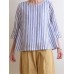 Women Crew Neck 3/4 Sleeve Casual Cotton Striped Blouse
