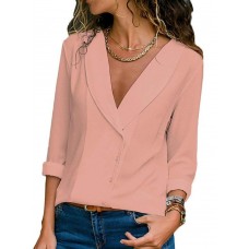 Women Long Sleeve V Neck Chffon Button Loose Solid Blouse
