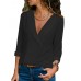 Women Long Sleeve V Neck Chffon Button Loose Solid Blouse