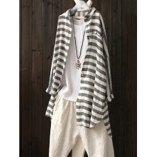 Women Long Sleeve Stripe Buttons Down Loose Cotton Blouse