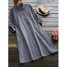 S-5XL Women Vintage Turn-Down Collar Plaid Blouse