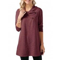 Women Pure Color Buttons Turtleneck Long Sleeve Blouse