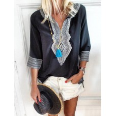 Vintage Women Folk Style V-Neck 3/4 Sleeve Blouse