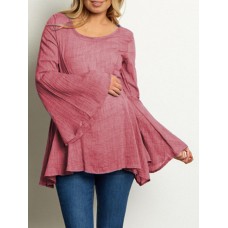 Women Casual O-neck Bell Sleeve Solid Vintage Blouse