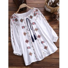 Vintage Women Cotton Flower Embroidered Off Shoulder Elastic Loose Blouse