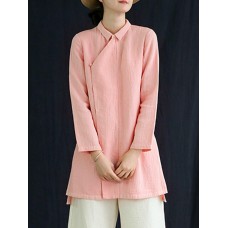 Vintage Button Stand Collar Long Sleeve Chinese Style Cotton Blouse