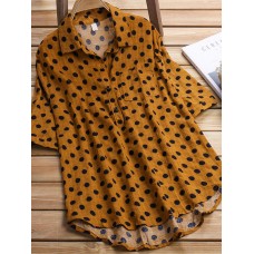 Women Casual Cotton Linen Lapel Irregular Hem Short Sleeve Blouse