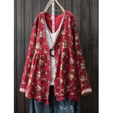 Retro Women Floral V-Neck Cotton Linen Loose Button Blouse