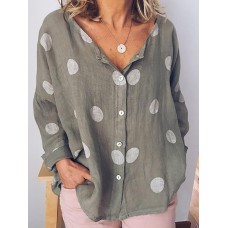 Cotton Polka Dot Print V-neck Casual Blouse