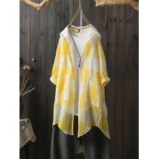 Women Plaid Button Hooded High Low Hem Shirts with Pockets