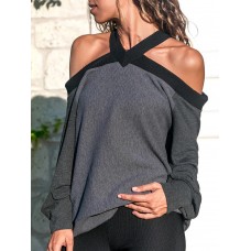 Women Casual Cross Off Shoulder Long Sleeve Tops