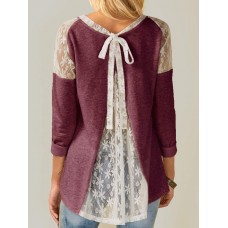 Women Casual Lace Patchwork Long Sleeve Blouse