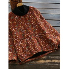 Women Vintage Floral  Print Thicken Long Sleeve Blouse