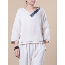 Chinese Style Printed V-neck Linen Cotton Blouse