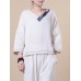 Chinese Style Printed V-neck Linen Cotton Blouse