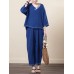 Chinese Style Printed V-neck Linen Cotton Blouse