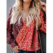 Women Casual V Neck Long Sleeve Floral Printed Blouse