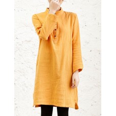 Vintage Women Stand Collar Solid Buttons Long Blouse