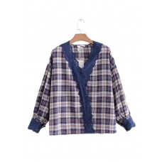 Vintage Women Lace Patchwork V-Neck Plaid Long Sleeved Blouse