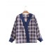 Vintage Women Lace Patchwork V-Neck Plaid Long Sleeved Blouse
