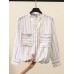 Casual Women Loose Cotton Linen Striped Button Irregular Hem Blouse with Pocket