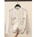 Casual Women Loose Cotton Linen Striped Button Irregular Hem Blouse with Pocket