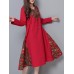Vintage Women Cotton Linen Elegant Patchwork Hooded Dress
