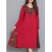Vintage Women Cotton Linen Elegant Patchwork Hooded Dress