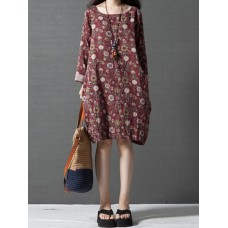 S-5XL Women Long Sleeve Floral Print Ethnic Mini Dresses