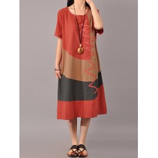 S-5XL Women Casual Short Sleeve Splice Loose O-neck Mid Long Dress