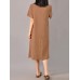 S-5XL Women Casual Short Sleeve Splice Loose O-neck Mid Long Dress