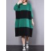 Casual Women Cotton Linen Loose Striped Long Sleeve Dress