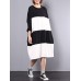 Casual Women Cotton Linen Loose Striped Long Sleeve Dress