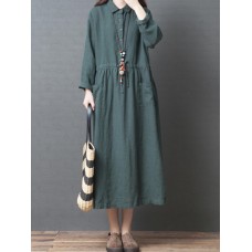 Vintage Women Loose Cotton Linen Pure Color Lapel Button Collar Pockets Dress