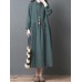 Vintage Women Loose Cotton Linen Pure Color Lapel Button Collar Pockets Dress