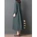 Vintage Women Loose Cotton Linen Pure Color Lapel Button Collar Pockets Dress