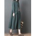 Vintage Women Loose Cotton Linen Pure Color Lapel Button Collar Pockets Dress