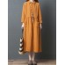 Vintage Women Loose Cotton Linen Pure Color Lapel Button Collar Pockets Dress