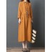 Vintage Women Loose Cotton Linen Pure Color Lapel Button Collar Pockets Dress