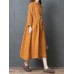 Vintage Women Loose Cotton Linen Pure Color Lapel Button Collar Pockets Dress