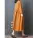 Vintage Women Loose Cotton Linen Pure Color Lapel Button Collar Pockets Dress