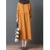 Vintage Women Loose Cotton Linen Pure Color Lapel Button Collar Pockets Dress