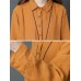 Vintage Women Loose Cotton Linen Pure Color Lapel Button Collar Pockets Dress