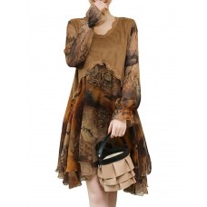 Women Long Sleeve Lace Patchwork Floral Print Mini Elegant Dress