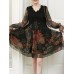 Women Long Sleeve Lace Patchwork Floral Print Mini Elegant Dress