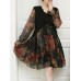 Women Long Sleeve Lace Patchwork Floral Print Mini Elegant Dress
