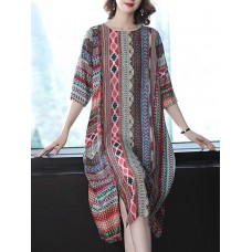 Women 3/4 Sleeve O-neck Floral Print Split Silk Vintage Dress