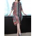 Women 3/4 Sleeve O-neck Floral Print Split Silk Vintage Dress Women 3/4 Sleeve O-neck Floral Print Split Silk Vintage Dress