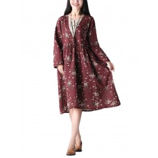 Vintage Floral Print O-neck Mid-long Dress
