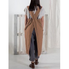 S-5XL Japanese Vintage Solid Color Side Pockets Cotton Apron Dress